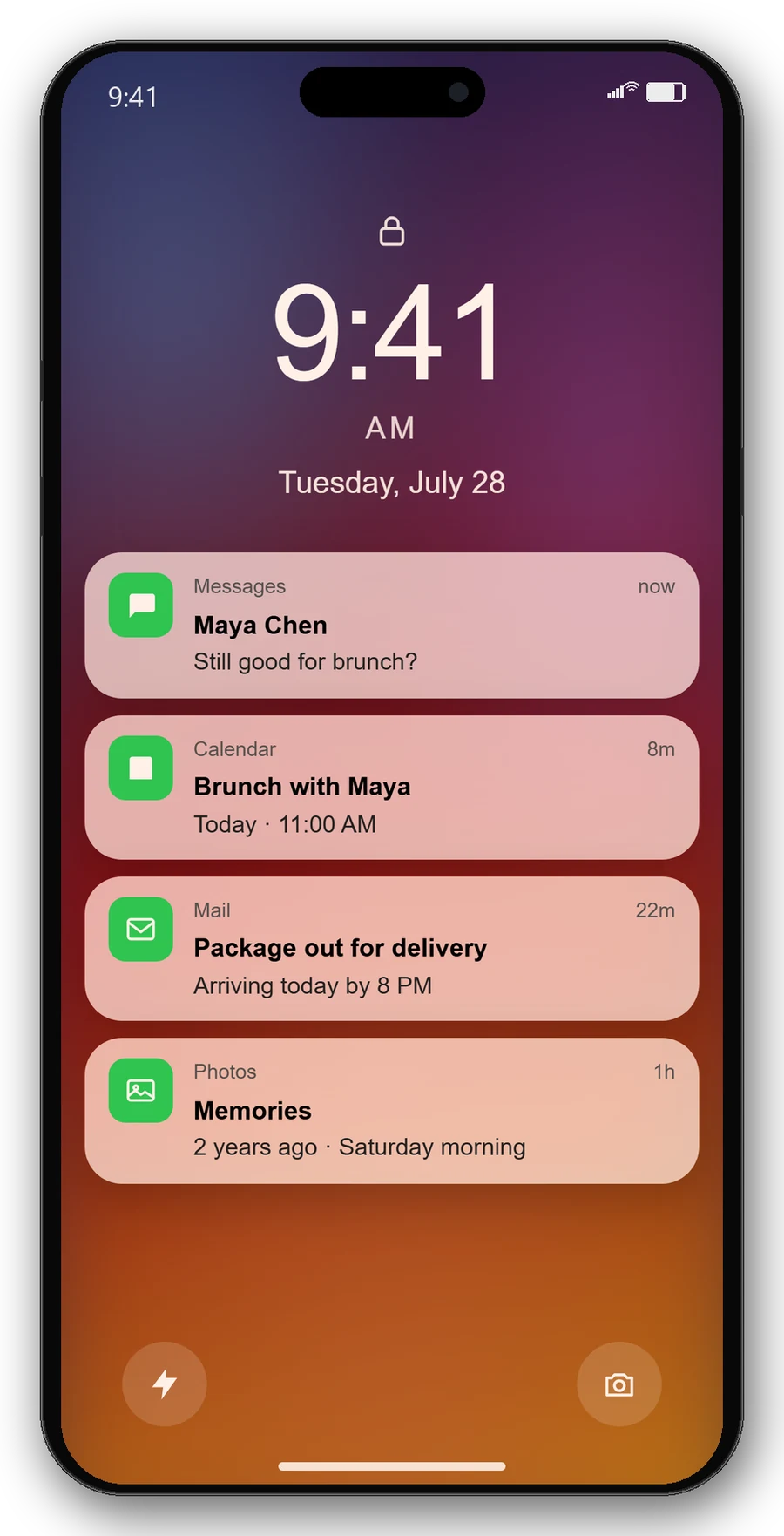 iOS-style lock screen with notifications