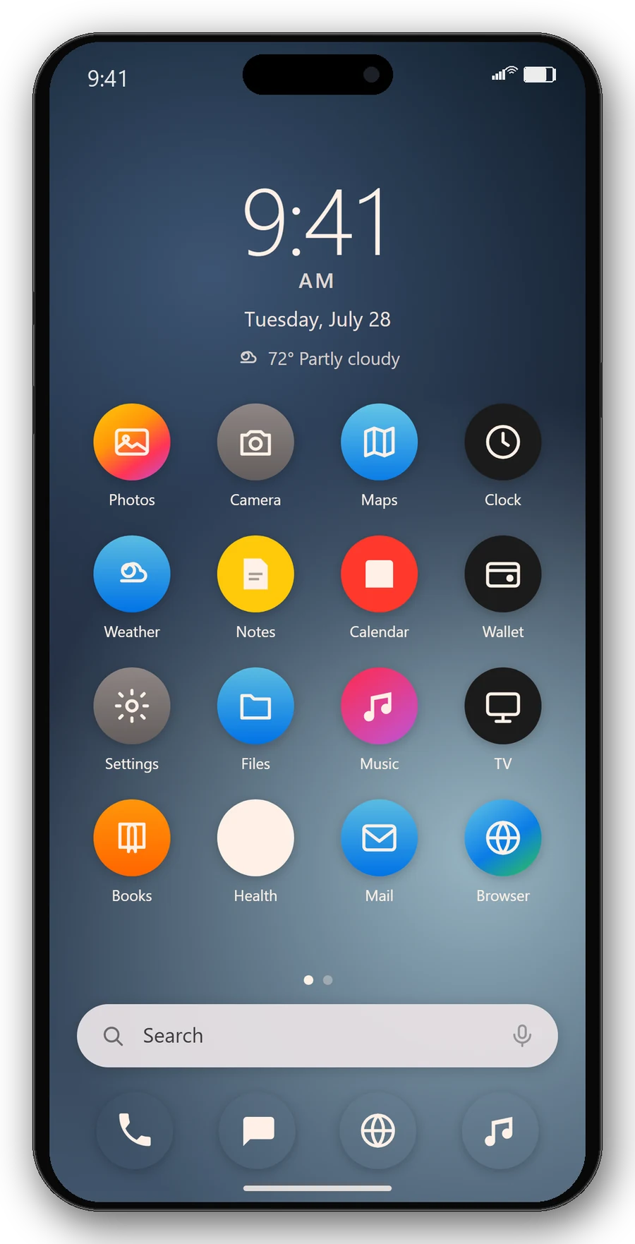Android-style home screen with app icons and dock