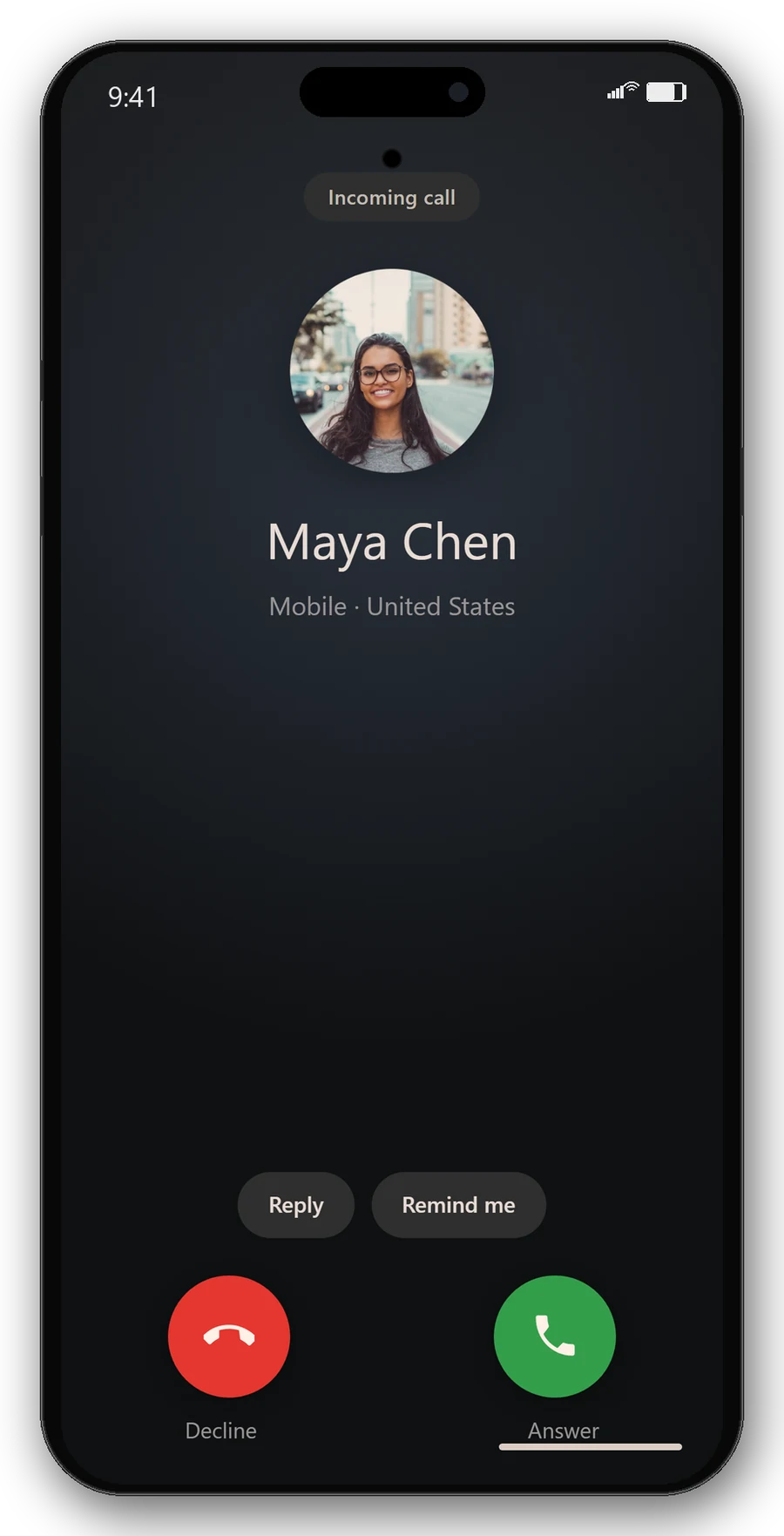 Android-style incoming call from Maya Chen