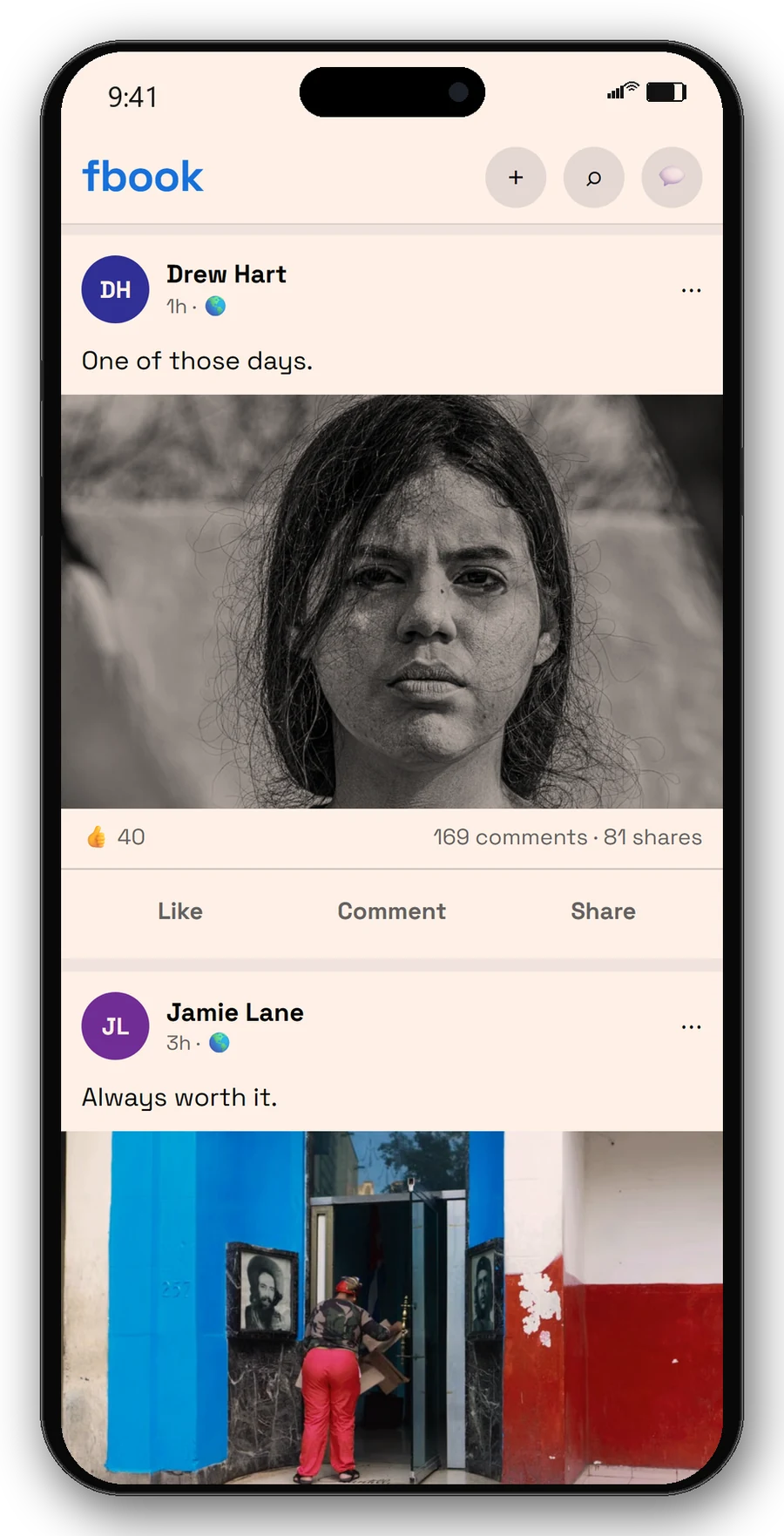 fbook-style feed with filled posts